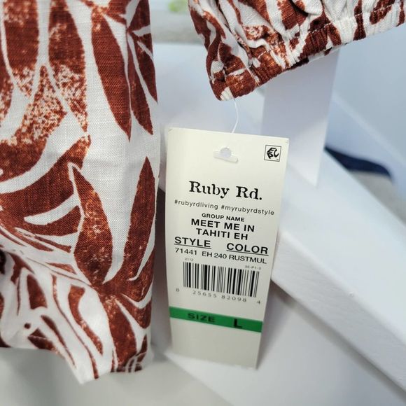 Ruby Rd Meet Me in Tahiti Linen Blend Printed Rust Tassel Blouse L - Picture 7 of 7